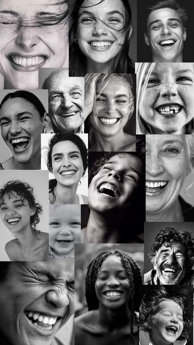 Composição visual com pessoas de diferentes idades sorrindo